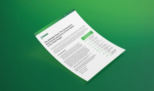 Document mockup titled “Word Soup: Components That Ensure Food Safety in the Food Supply,” featuring green accents, floating on a solid green background, representing food safety compliance and supply chain quality control.