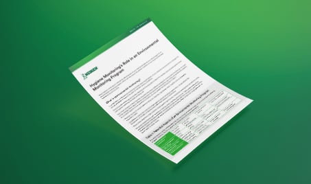 Document mockup titled “Hygiene Monitoring’s Role in an Environmental Monitoring Program,” with green accents, floating on a solid green background, emphasizing hygiene monitoring to evaluate cleaning effectiveness and ensure sanitary conditions in food and beverage manufacturing environments.
