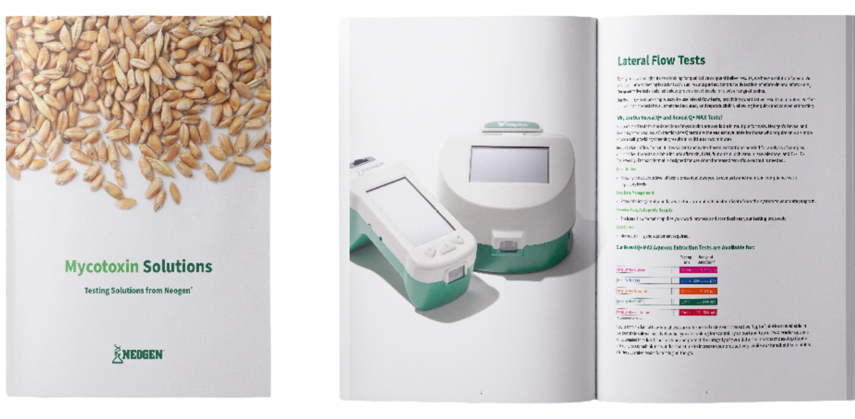 Image of Neogen’s Mycotoxin Solutions booklet featuring a cover with grains and the title “Mycotoxin Solutions.” The open spread shows laboratory equipment and a page detailing lateral flow tests with a color-coded chart.