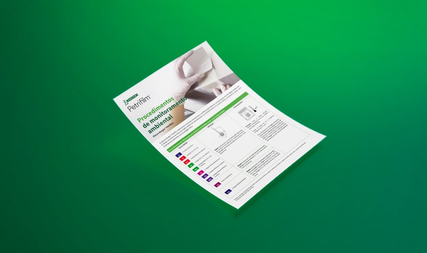 Mockup de documento intitulado “Procedimento de Monitoramento Ambiental”, apresentando placas Petrifilm para detecção de contaminação microbiana ambiental, com detalhes em verde, flutuando sobre um fundo verde sólido, destacando métodos de contato direto, swab e amostragem de ar em programas de segurança de alimentos.