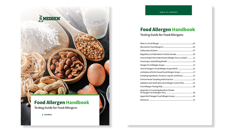 Two-page preview of Neogen’s Food Allergen Handbook featuring the cover with nuts, flour, and eggs, an inside spread with a green Neogen background, and a table of contents page outlining topics on allergen testing methods, validation, and labeling regulations for food manufacturers.