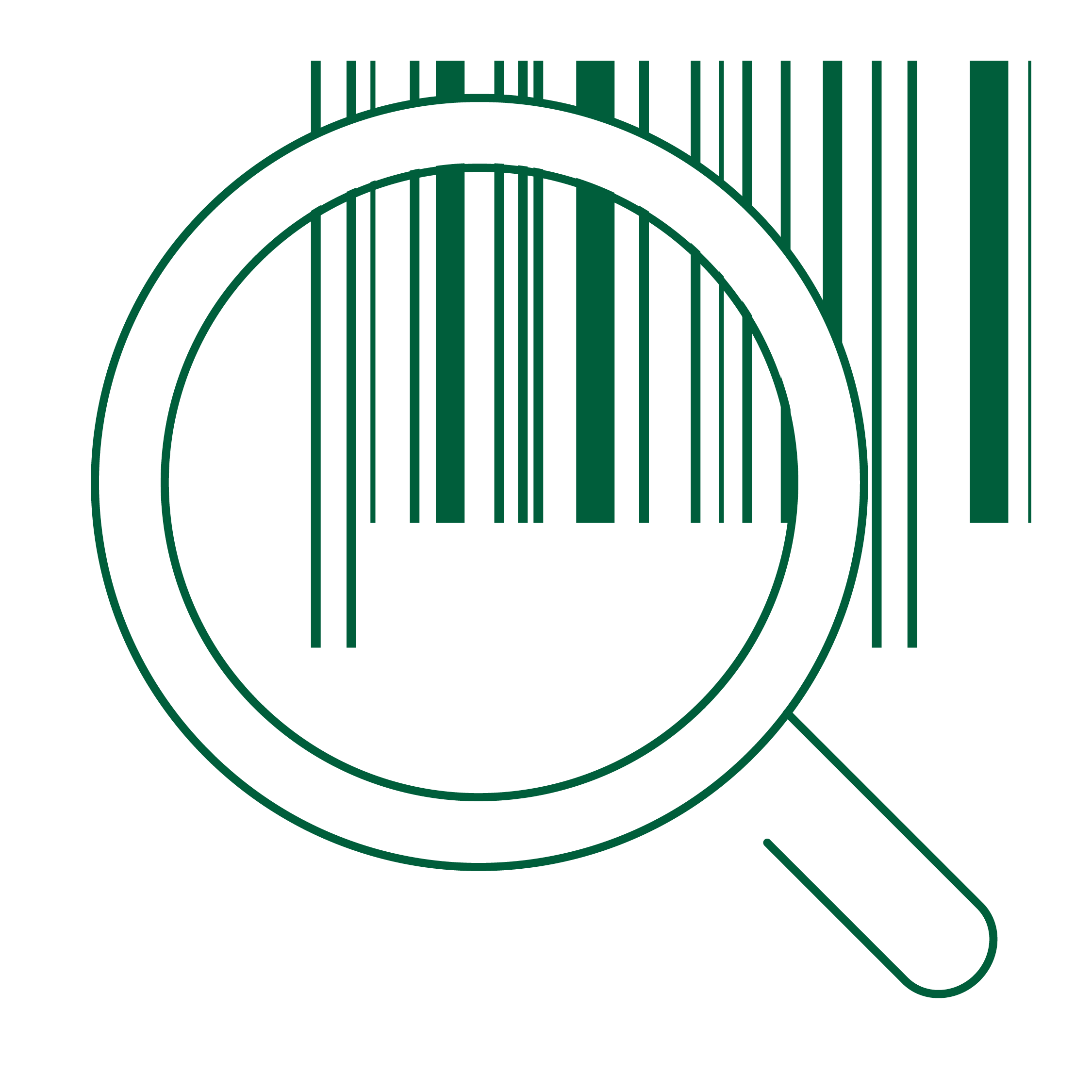 Icon of magnifying glass enlarging a barcode, representing fast product identification.