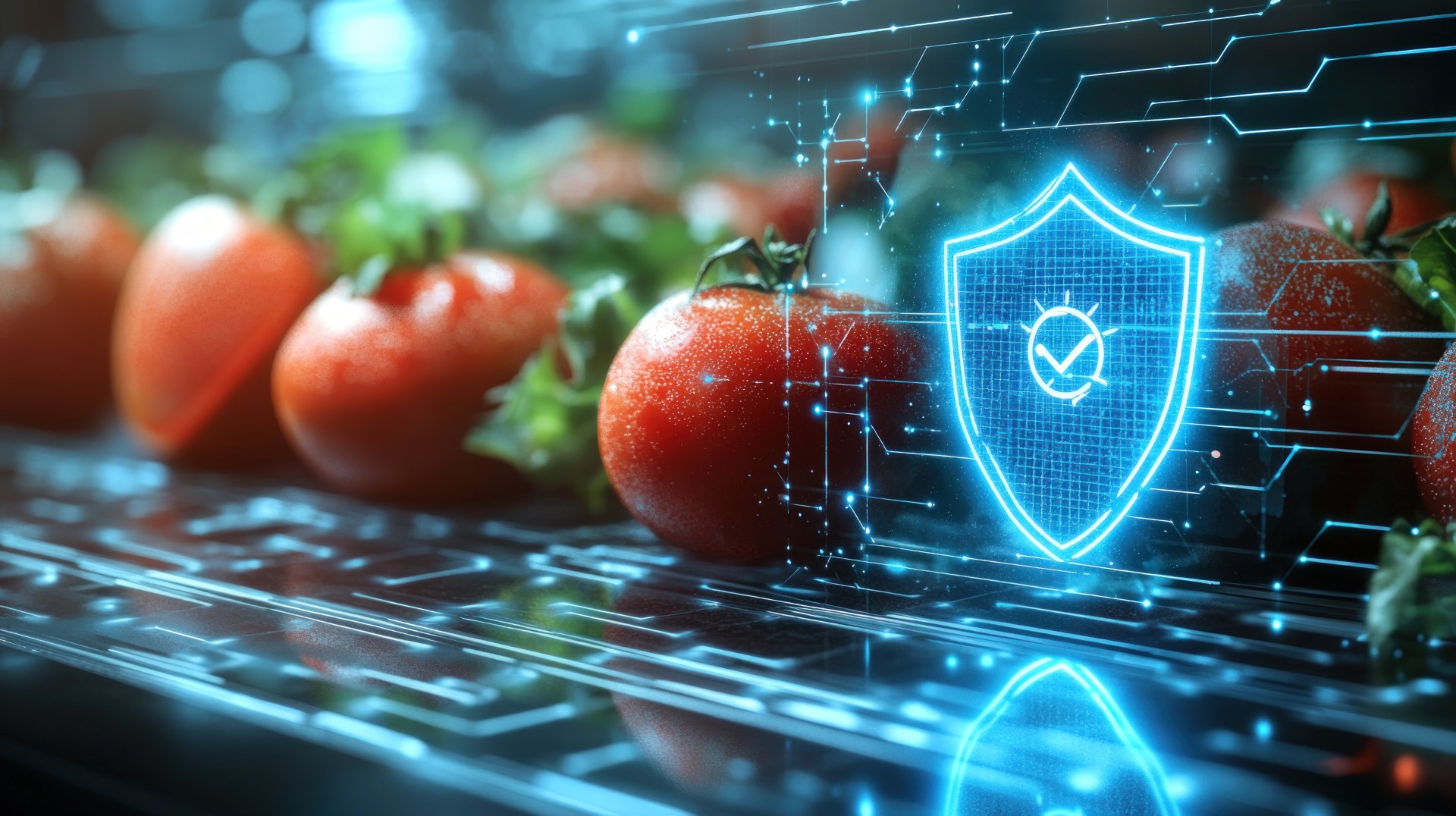 Fresh tomatoes on a conveyor belt with a glowing digital shield icon overlay, symbolizing advanced food safety technology and quality assurance.