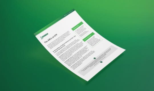 Document mockup titled “The ABCs of ATP,” showcasing the Neogen® Clean-Trace® Hygiene Monitoring and Management System, with green accents, floating on a solid green background, highlighting ATP testing for effective cleaning verification, food safety, and risk management in food production facilities.