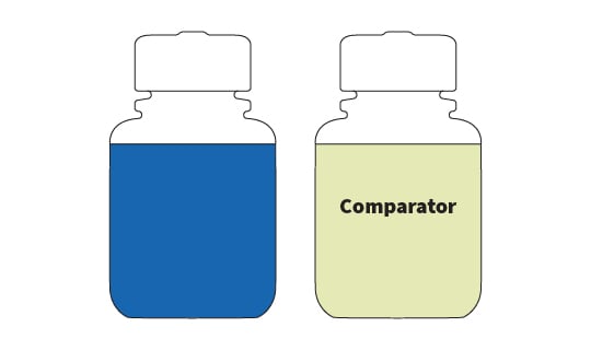 A blue water sample fluoresces under UV light compared to Colitag Comparator, indicating E. coli in water.
