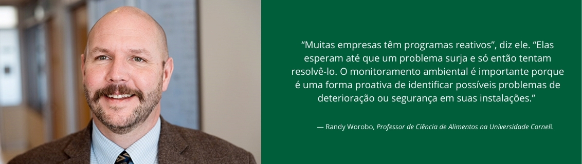 Citação de Randy Worobo sobre monitoramento ambiental proativo para segurança dos alimentos: detectar riscos de deterioração e contaminação na planta.