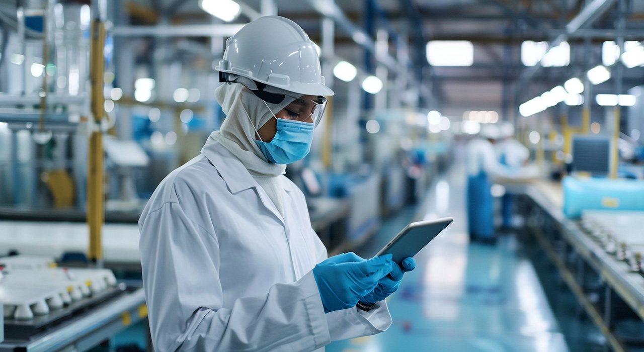 Lab technician in a food processing plant wearing protective gear, mask, and gloves while reviewing data on a tablet during production.