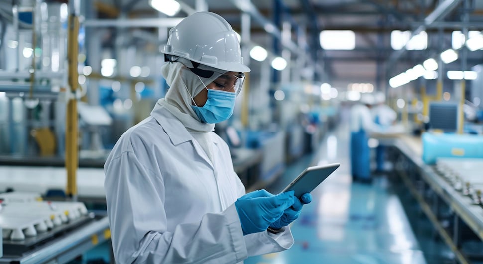 Lab technician in a food processing plant wearing protective gear, mask, and gloves while reviewing data on a tablet during production.