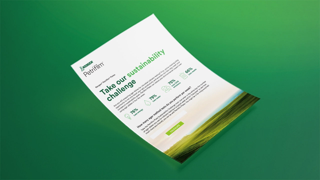 Petrifilm sustainability calculator flyer highlighting environmental impact reductions for food safety testing.
