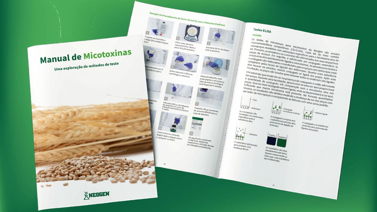 Imagem do Manual de Micotoxinas da Neogen, com uma capa que apresenta trigo e grãos, e uma página interna aberta mostrando métodos de análise de micotoxinas.