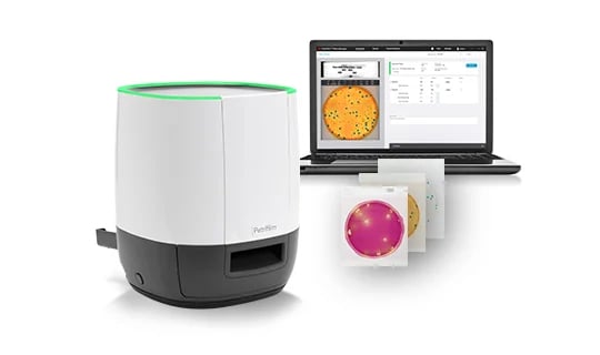 Petrifilm Plate Reader Advanced device analyzing microbiology plates for food quality indicator tests.