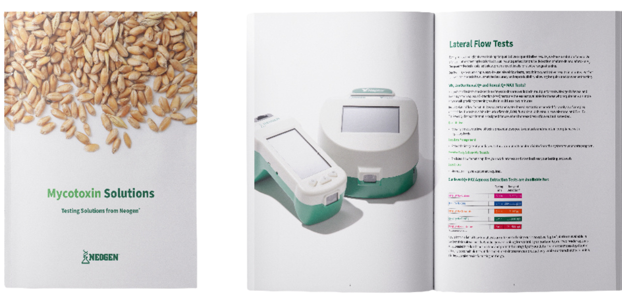 Image of Neogen’s Mycotoxin Solutions booklet featuring a cover with grains and the title “Mycotoxin Solutions.” The open spread shows laboratory equipment and a page detailing lateral flow tests with a color-coded chart.