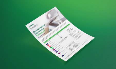Document mockup titled “Environmental Monitoring Procedure,” featuring Petrifilm Plates for detecting environmental microbial contamination, with green accents, floating on a solid green background, highlighting direct contact, swab, and air sampling methods in food safety programs.