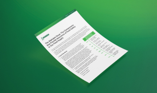 Document mockup titled “Word Soup: Components That Ensure Food Safety in the Food Supply,” featuring green accents, floating on a solid green background, representing food safety compliance and supply chain quality control.
