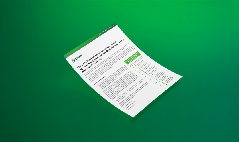 Mockup de documento titulado “La sopa de letras: los componentes que nos dan seguridad con respecto a la inocuidad alimentaria en el suministro de alimentos”, con acentos verdes, flotando sobre un fondo verde sólido, representando el control de calidad y la seguridad alimentaria en la cadena de suministro.