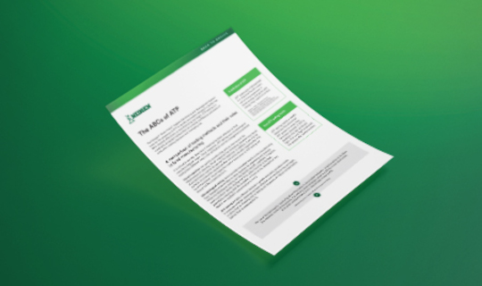 Document mockup titled “The ABCs of ATP,” showcasing the Neogen® Clean-Trace® Hygiene Monitoring and Management System, with green accents, floating on a solid green background, highlighting ATP testing for effective cleaning verification, food safety, and risk management in food production facilities.