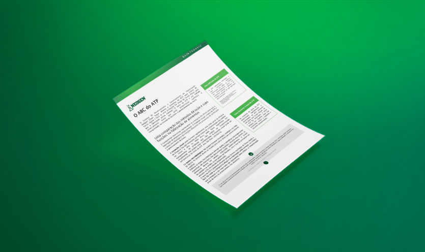Mockup de documento intitulado “O ABC do ATP”, apresentando o sistema de monitoramento e gestão de higiene Neogen® Clean-Trace®, com detalhes em verde, flutuando sobre um fundo verde sólido, destacando testes de ATP para verificação de limpeza, segurança de alimentos e gestão de riscos em instalações de produção.