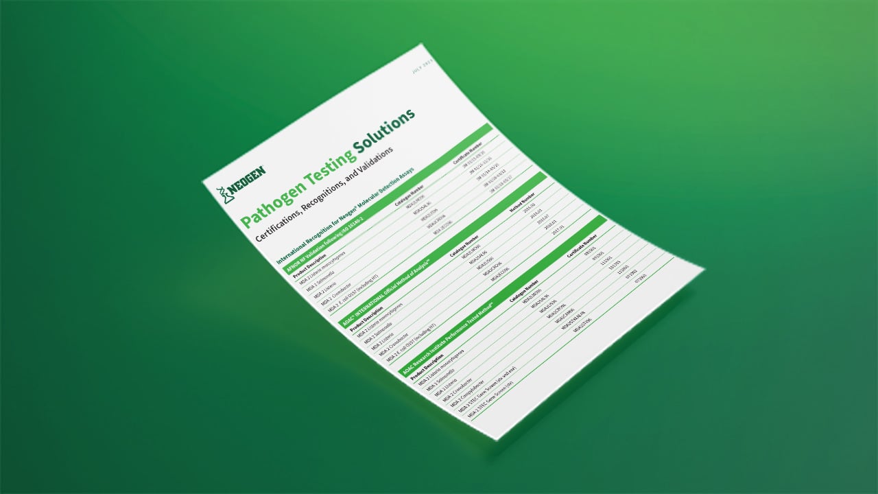 Pathogen Certifications Flyer for food safety testing.