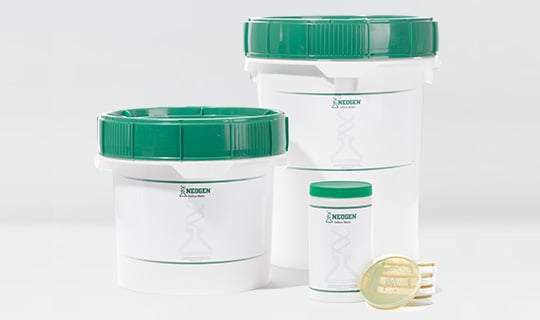 Containers of dehydrated culture media for microbial growth and food safety testing.