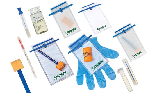 Food safety sample collection tools including swabs, sponges, gloves, and sterile sampling bags.