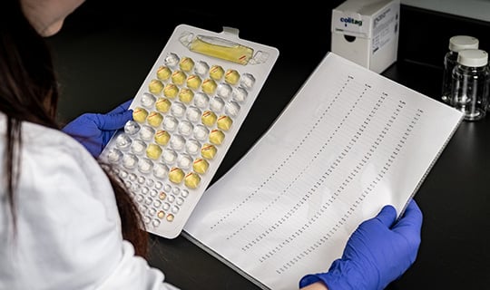 Technician analyzing a Colitag MPN tray and results sheet for water quality testing.