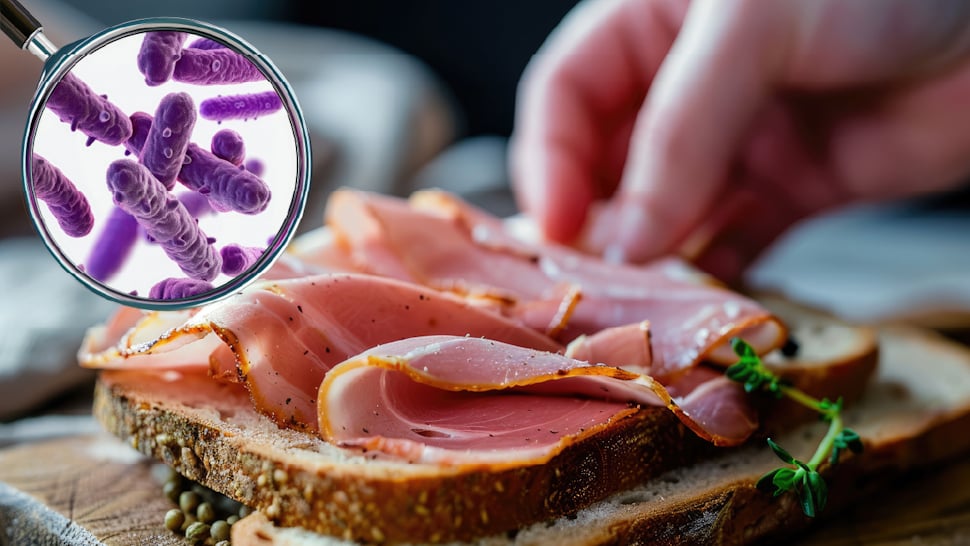 A magnifying glass showing Listeria bacteria over an image of a deli meat sandwich.