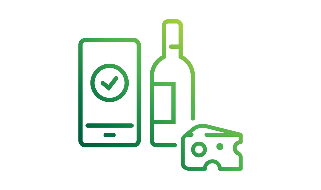 icon of smartphone, wine bottle and cheese