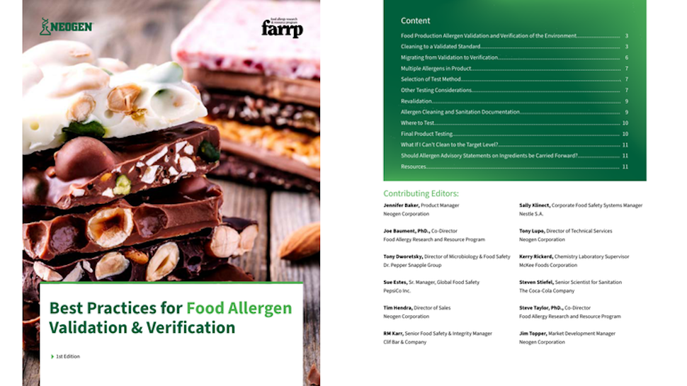 Neogen Best Practices for Food Allergen Validation & Verification Handbook cover and table of contents shown side by side.