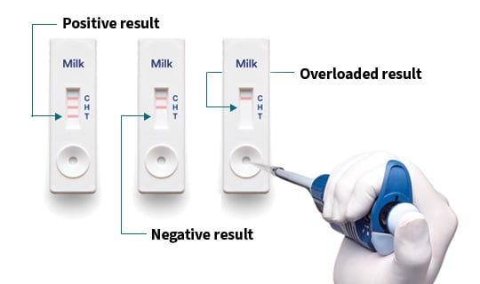 Lateral flow allergen test results showing positive, negative, and overloaded outcomes with control, test, and hook lines