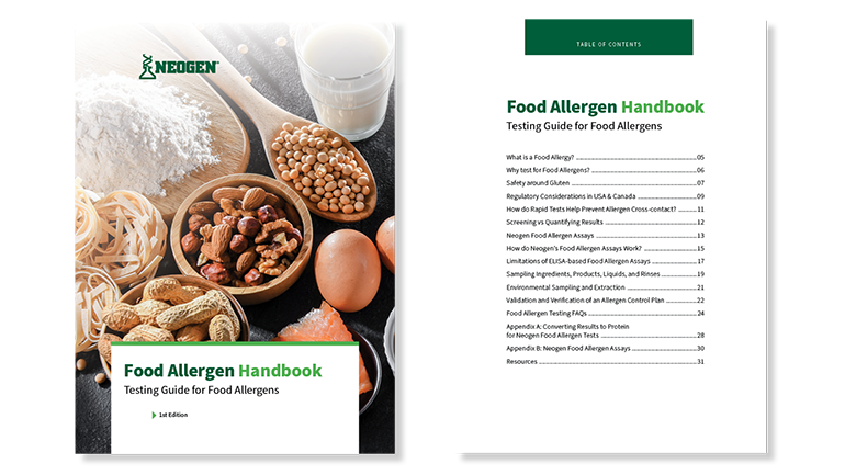 Two-page preview of Neogen’s Food Allergen Handbook featuring the cover with nuts, flour, and eggs, an inside spread with a green Neogen background, and a table of contents page outlining topics on allergen testing methods, validation, and labeling regulations for food manufacturers.