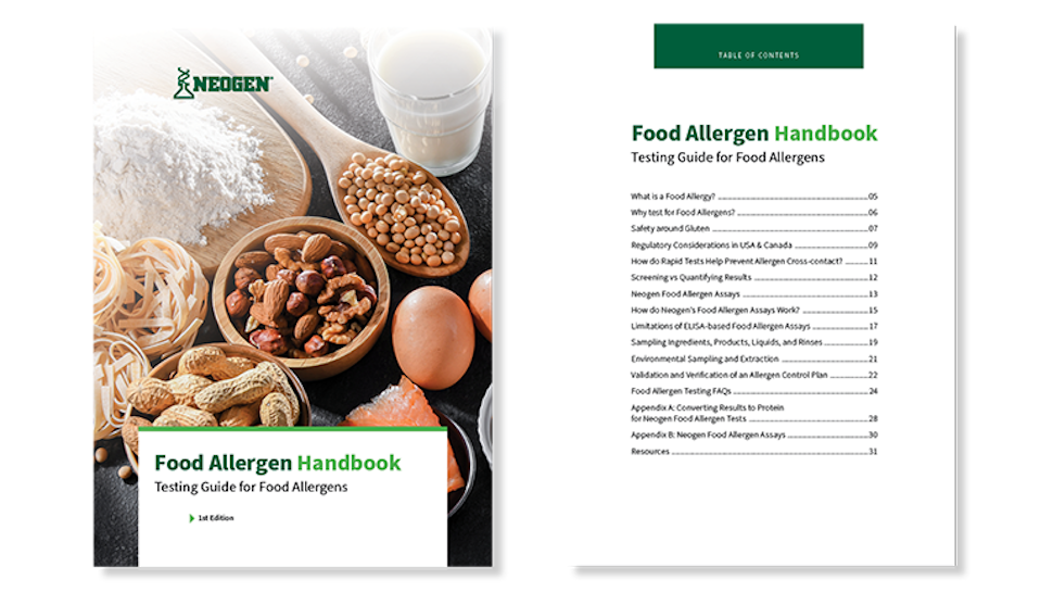Two-page preview of Neogen’s Food Allergen Handbook featuring the cover with nuts, flour, and eggs, an inside spread with a green Neogen background, and a table of contents page outlining topics on allergen testing methods, validation, and labeling regulations for food manufacturers.