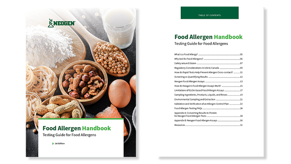 Two-page preview of Neogen’s Food Allergen Handbook featuring the cover with nuts, flour, and eggs, an inside spread with a green Neogen background, and a table of contents page outlining topics on allergen testing methods, validation, and labeling regulations for food manufacturers.
