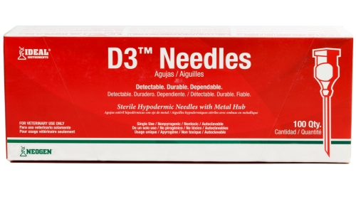 Image of the official Ideal® D3™ needle packaging, red box with Neogen® logo and needle illustration; contains 100 units.