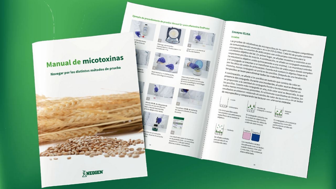 Imagen del Manual de Micotoxinas de Neogen, con una portada que muestra trigo y granos, y una página abierta que presenta métodos de análisis de micotoxinas.