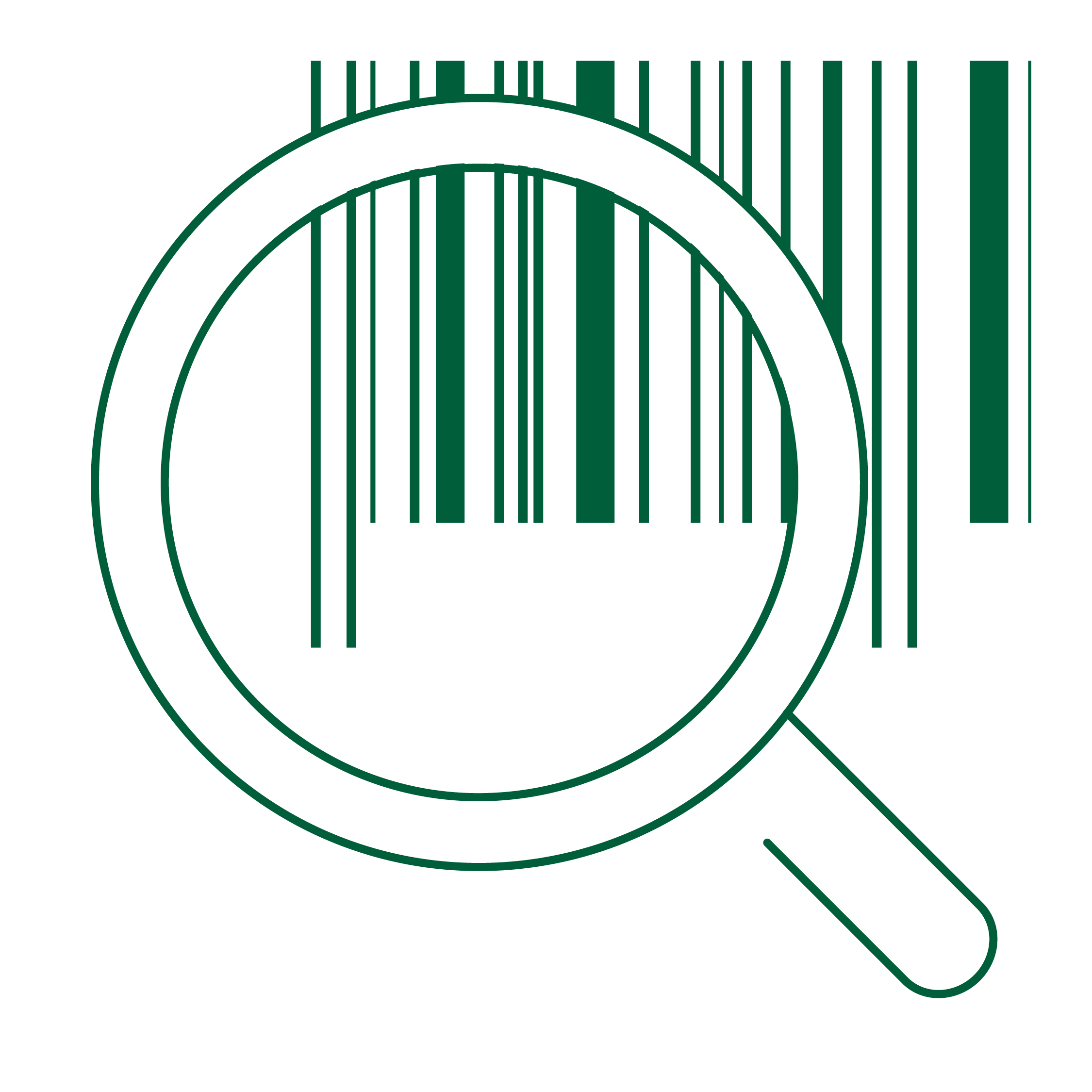 Icon of magnifying glass enlarging a barcode, representing fast product identification.