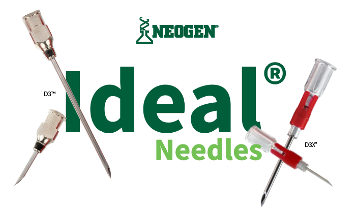 Front view of Neogen® Ideal® D3™ and D3X™ detectable needle models designed for veterinary applications; promotional campaign image.