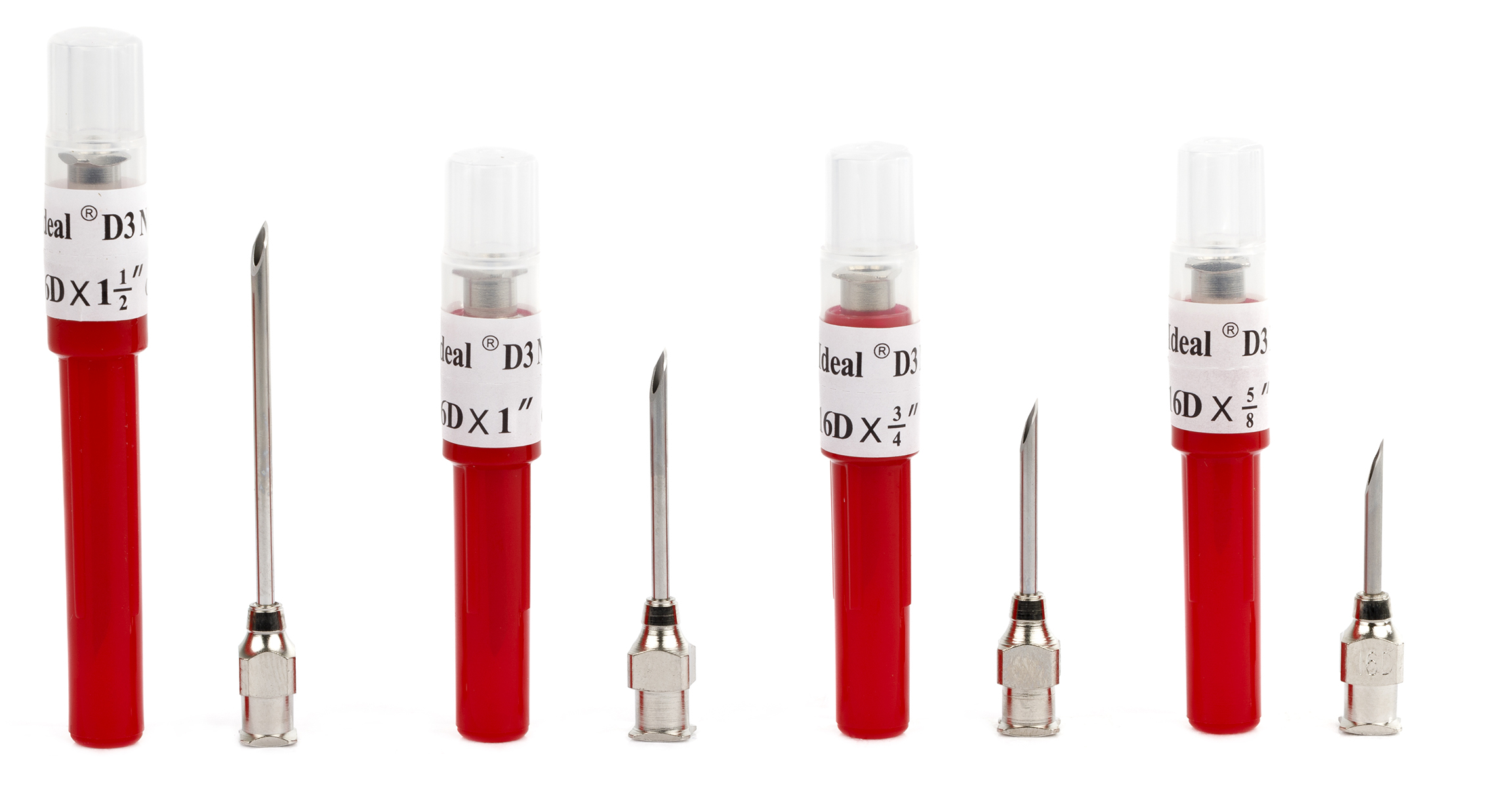 Photo of four Ideal® D3™ needles in red plastic packaging, each with a visible label showing its size: 1-1/2", 1", 3/4", and 5/8".