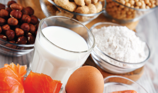 Food allergens milk, eggs, shellfish, tree nuts, peanuts, wheat and soybeans.