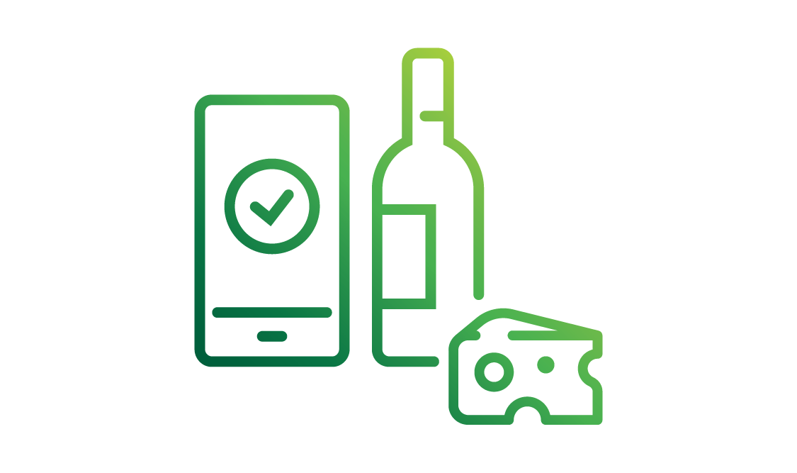 icon of smartphone, wine bottle and cheese