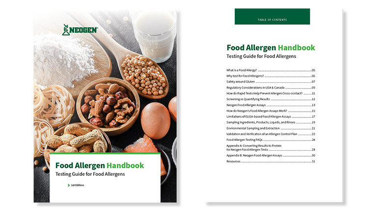 Two-page preview of Neogen’s Food Allergen Handbook featuring the cover with nuts, flour, and eggs, an inside spread with a green Neogen background, and a table of contents page outlining topics on allergen testing methods, validation, and labeling regulations for food manufacturers.